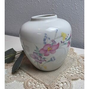 Vintage 80s Srednick Collection Spring Floral Jar Vase White Ceramic Made Japan